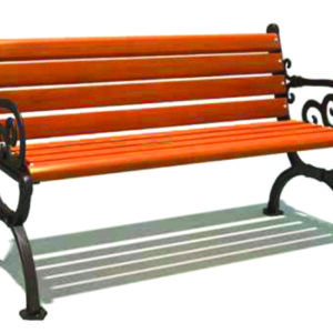 Wooden park bench placed in a green garden.