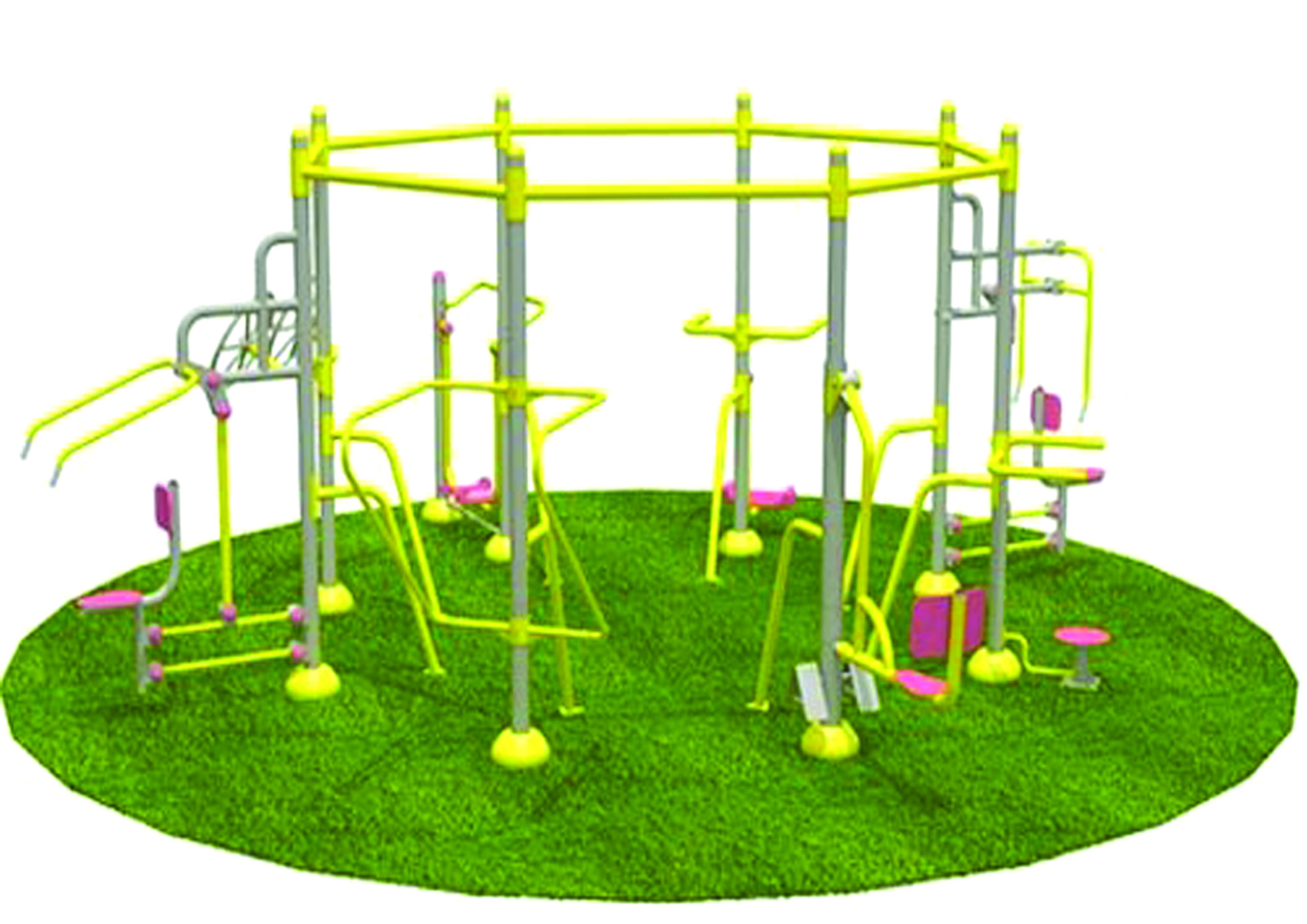 "Outdoor gym station with 8 workout items in one unit, multifunctional fitness equipment by Lohith Funfit India ideal for parks, schools, and open-air gyms